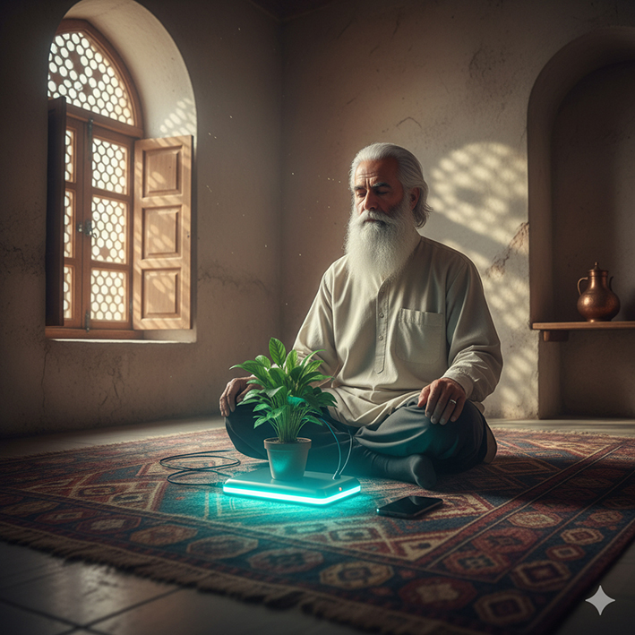 Elder meditator with device and plant in a traditional room