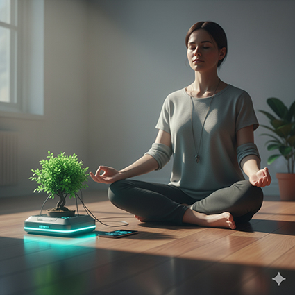 Single meditator with device and plant in a bright room