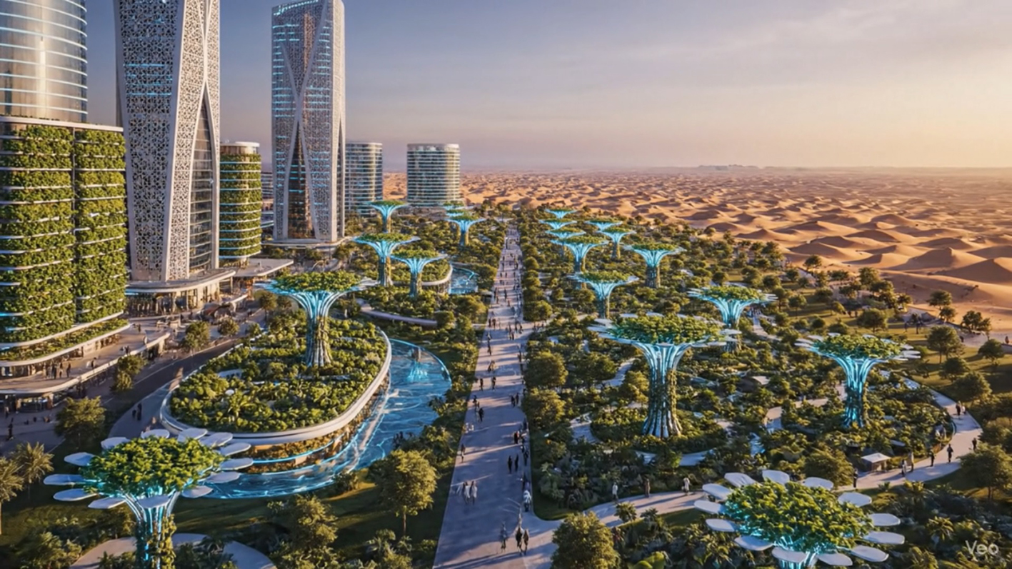People walking under AI water producing palm trees in a desert city boulevard