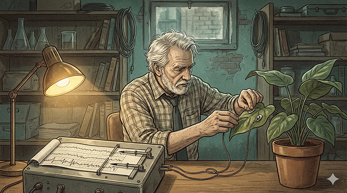 Vintage-style laboratory inspired by Cleve Backster's plant polygraph experiments