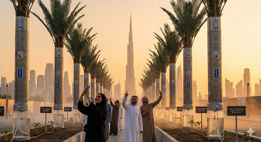 Row of AI water producing trees in a Dubai-style boulevard at sunset