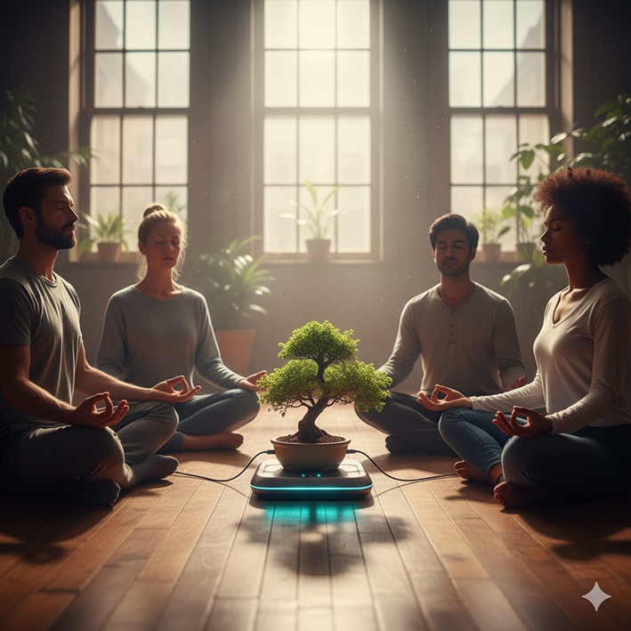 Group meditating around a small AI-connected tree device