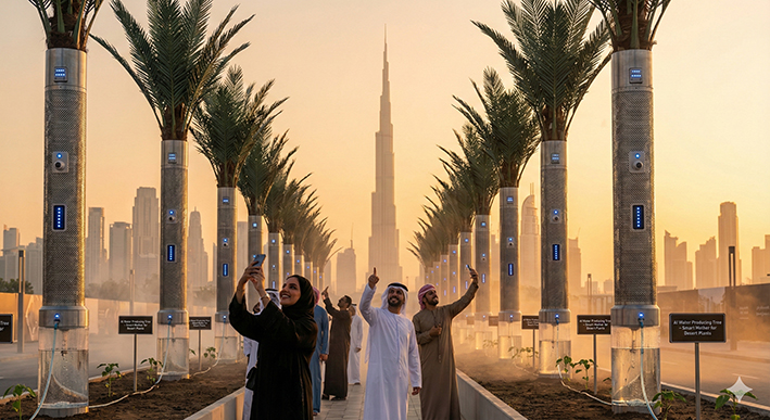 Row of Urban Eco-Spire metallic AI trees lining a Dubai-style boulevard at sunset